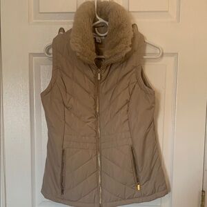 Calvin Klein Women's Tan Quilted Vest with Faux Fur Collar